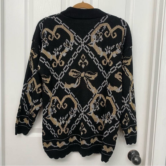 Vintage Dana Scott Metallic Bow Heart Sweater Medium Black Gold Silver - Picture 8 of 9